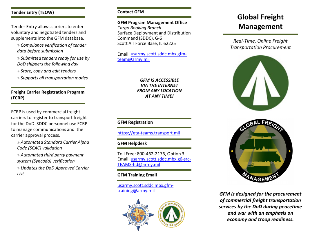 Public U.S. Army Global Freight Management brochure used in the FreightPulsar source desk