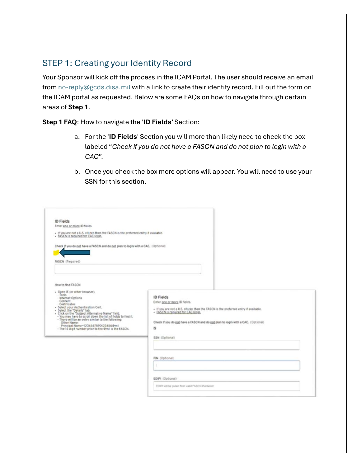 Public Army guide page showing ICAM ID Fields screenshots and sponsor-initiated identity instructions